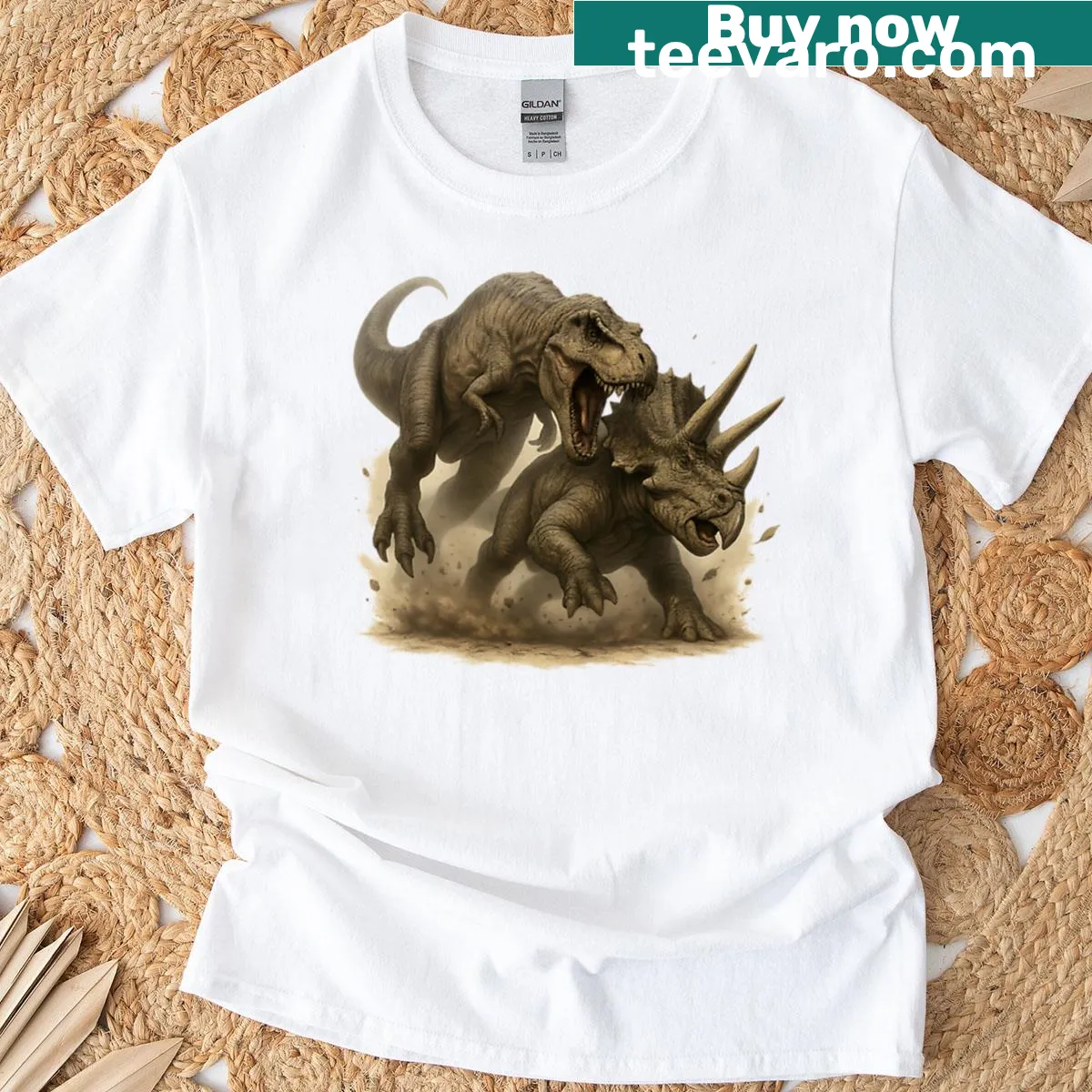 Dramatic illustration of T-rex vs Triceratops on a T-shirt — on a men's t-shirt