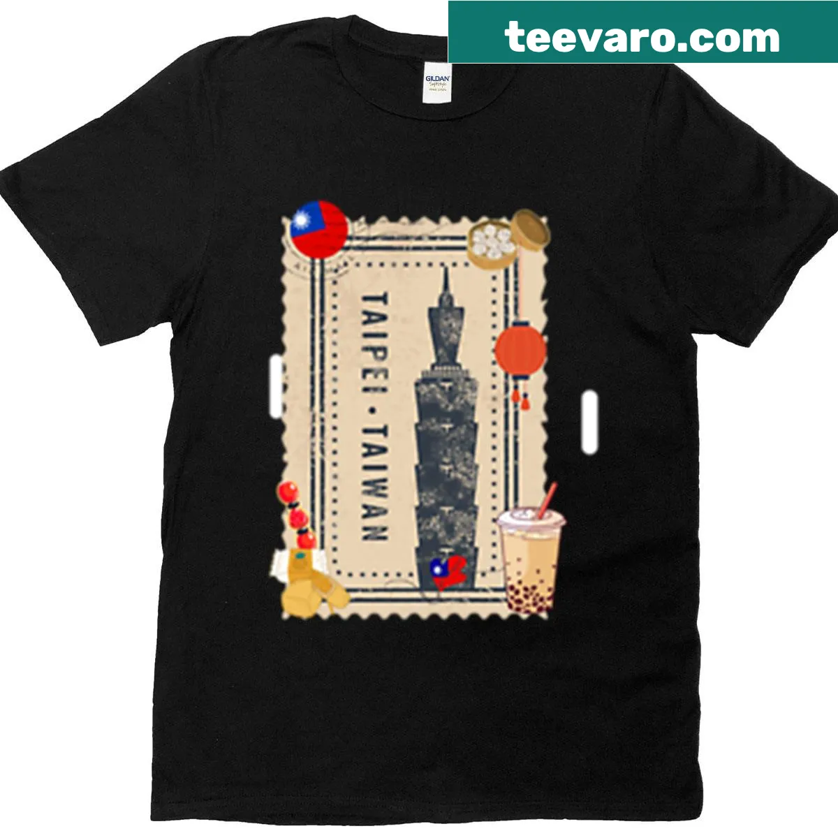 Illustration of Taiwan stamps and snacks on travel-themed T-shirt. — on a men's t-shirt