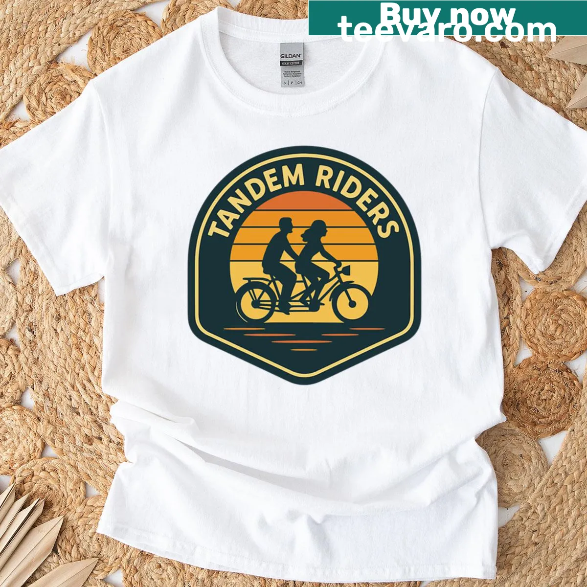 Illustration of a couple on a tandem bicycle at sunset — on a men's t-shirt