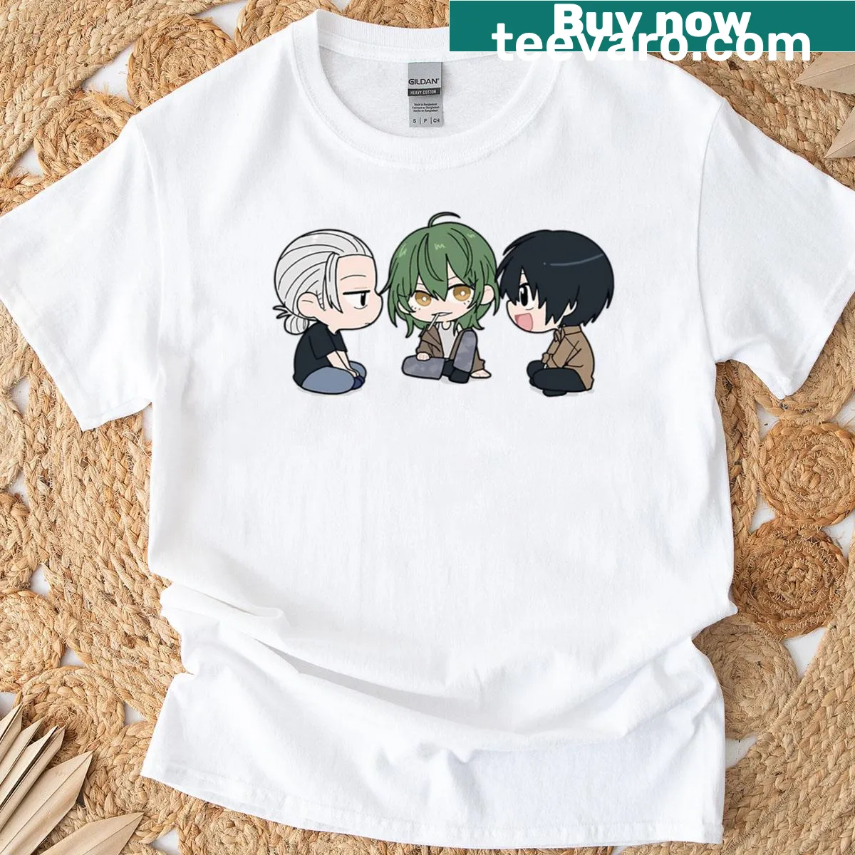 Adorable chibi-style character illustrations on a casual t-shirt — on a men's t-shirt