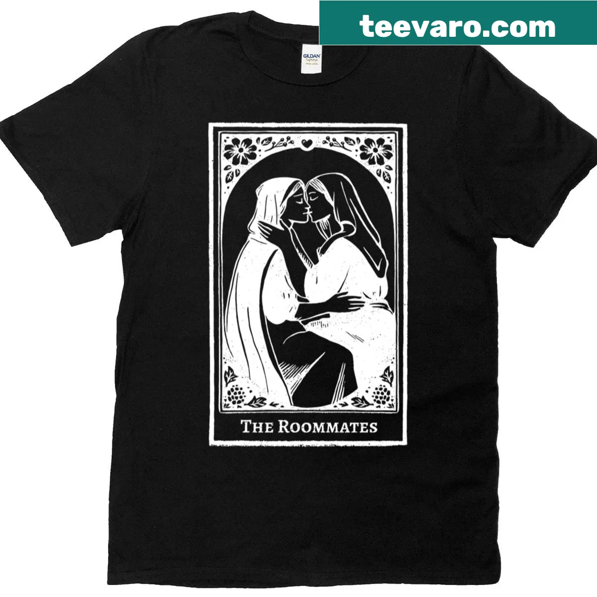 Illustrative graphic T-shirt inspired by tarot cards and friendship — on a men's t-shirt