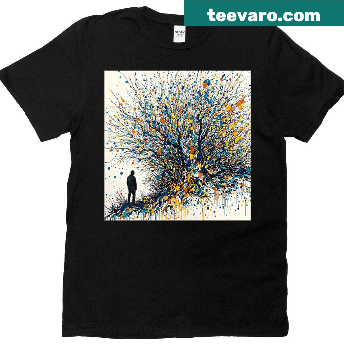 Whimsical T-shirt design featuring trees and nature themes — on a men's t-shirt