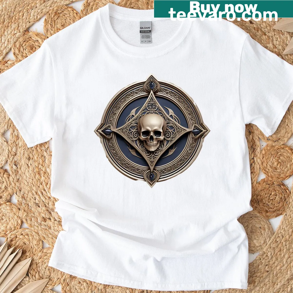 Skull centered in an ornate medallion on a striking T-shirt design. — on a men's t-shirt