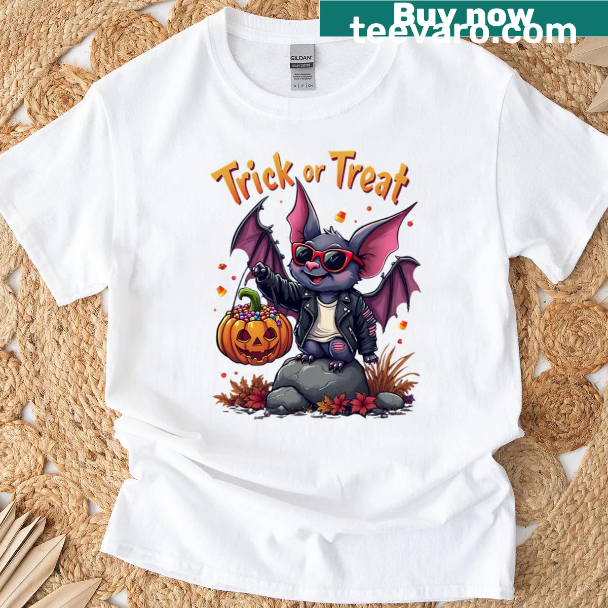 Cute Halloween bat in sunglasses and leather jacket illustration — on a men's t-shirt