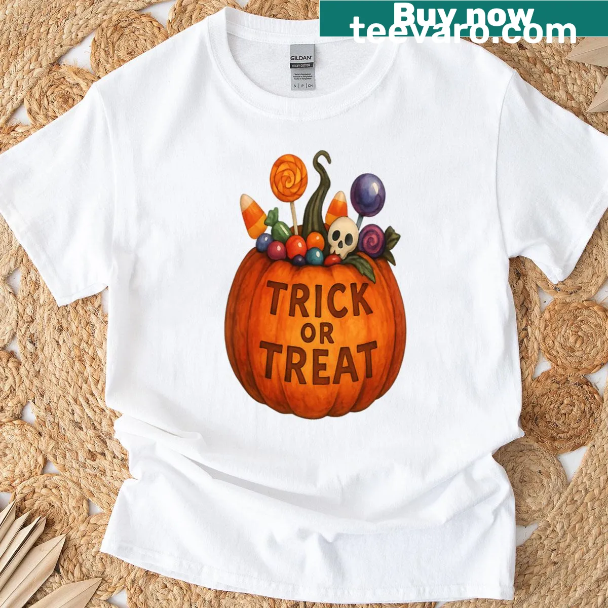 Cheerful pumpkin illustration on Trick Or Treat T-shirt — on a men's t-shirt