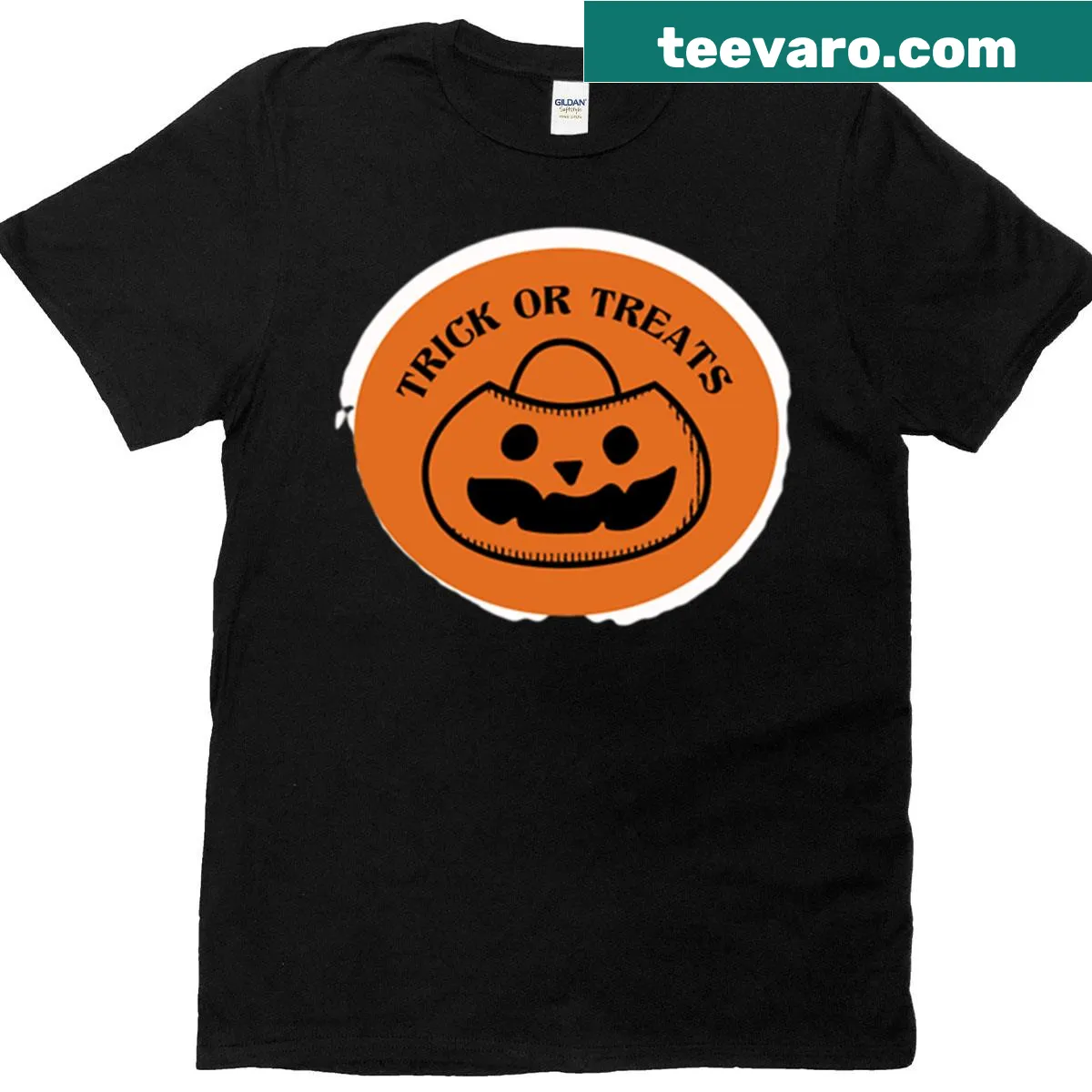 Playful pumpkin badge graphic on Trick Or Treats Halloween T-shirt — on a men's t-shirt