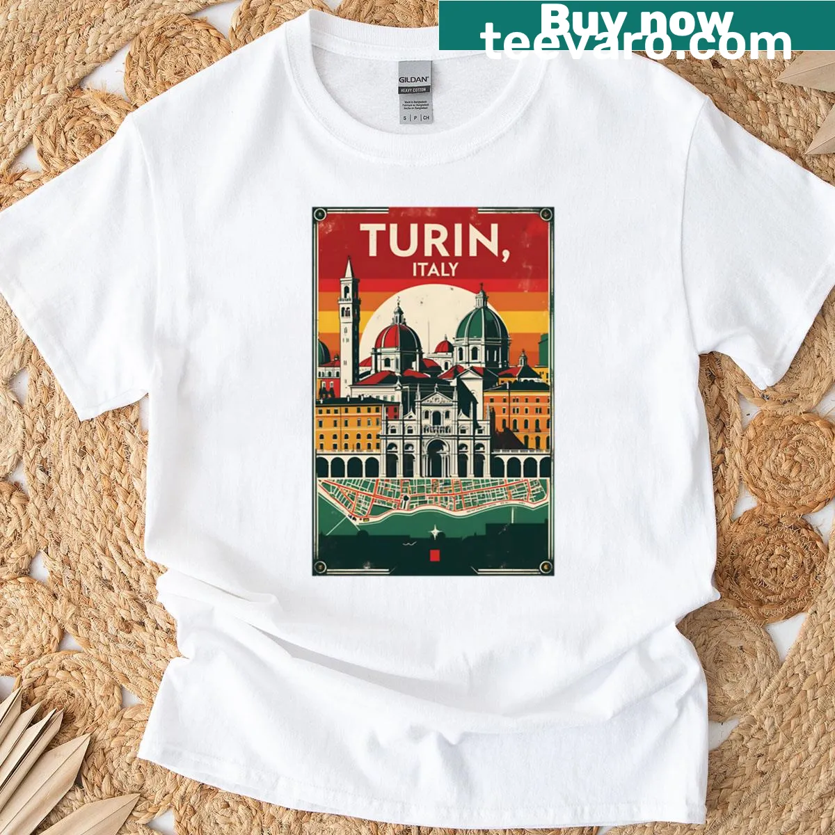 Vintage print of Turin Italy on a travel-themed T-shirt — on a men's t-shirt