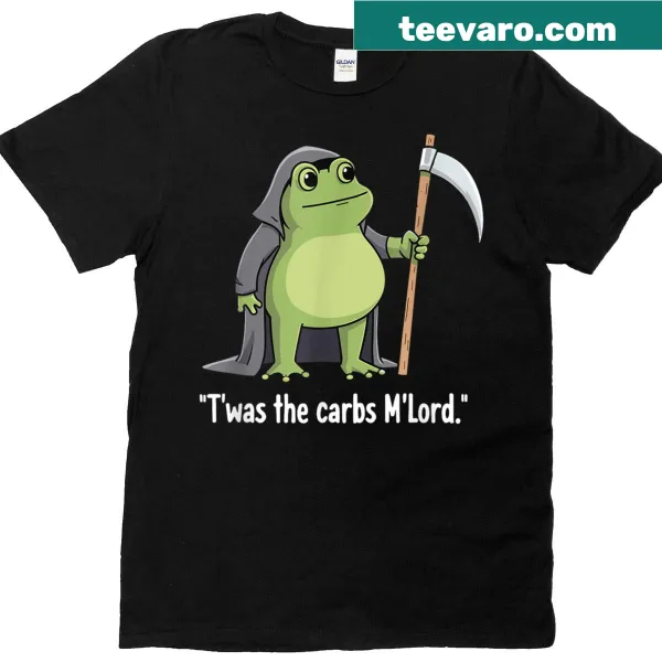 Funny T-shirt with a humorous quote about carbs in bold typography.