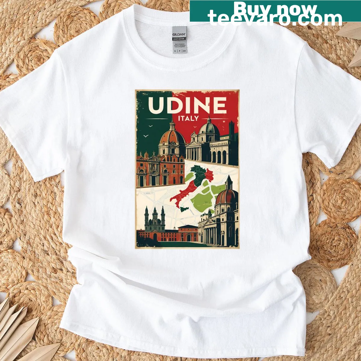 Vintage illustration of Udine, Italy, on a travel T-shirt — on a men's t-shirt