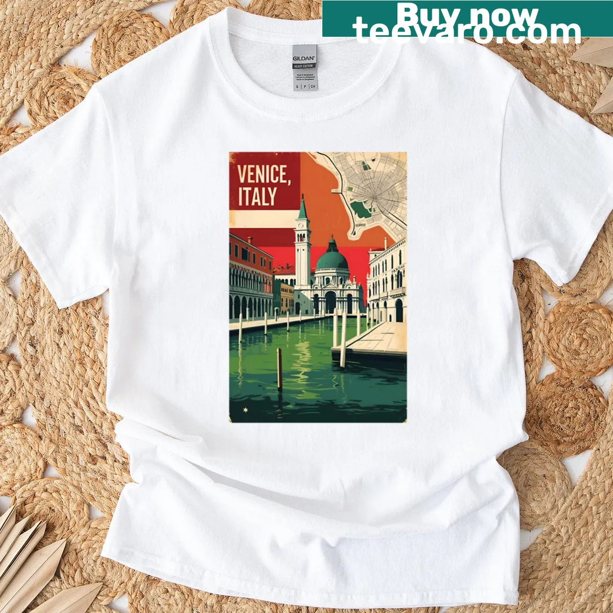 Vintage travel T-shirt featuring Venice, Italy — on a men's t-shirt