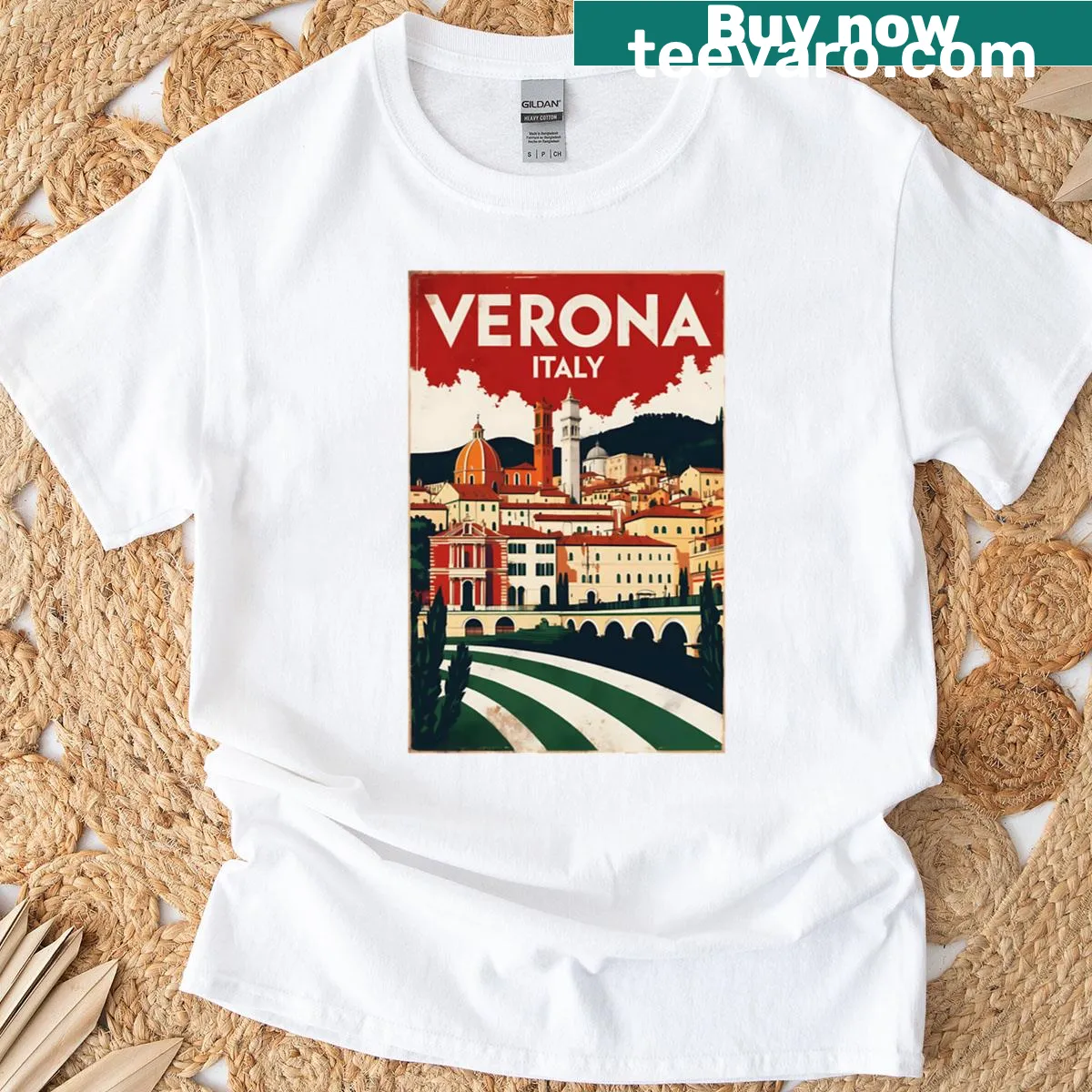 Vintage travel-themed T-shirt showcasing Verona, Italy — on a men's t-shirt