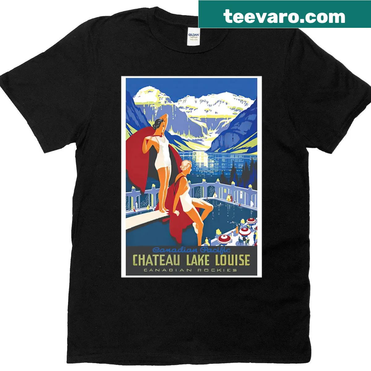Vintage-style graphic of Chateau Lake Louise on a T-shirt — on a men's t-shirt