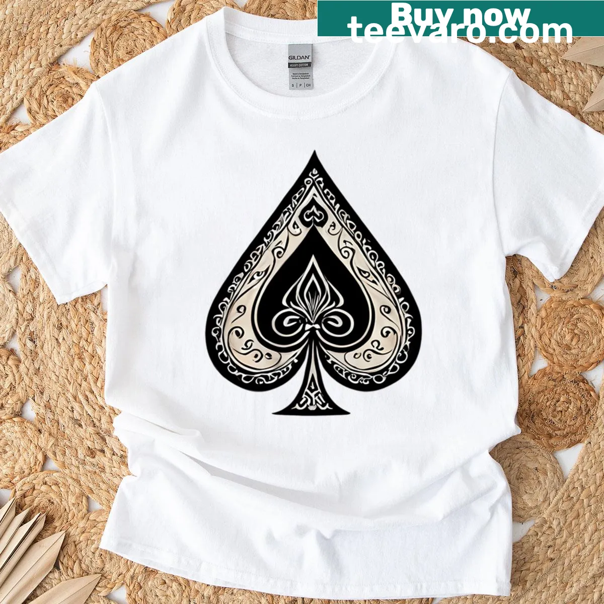 Vintage floral tribal spade art t-shirt with detailed motifs — on a men's t-shirt