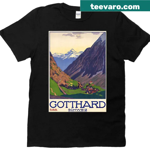 Vintage-style T-shirt featuring the Gotthard Pass travel poster design.