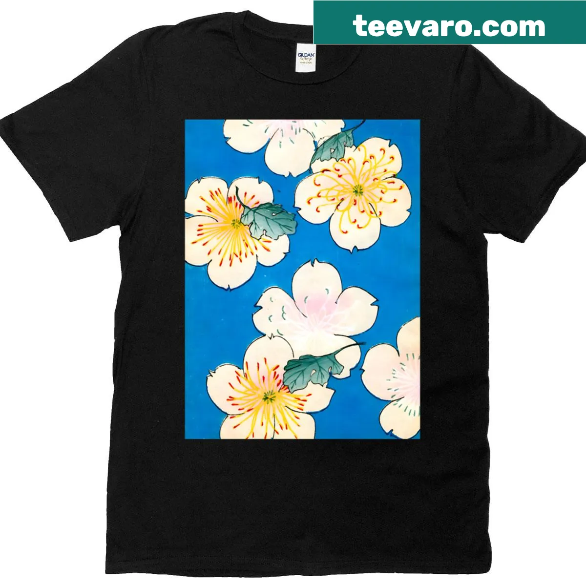 T-shirt featuring Japanese dogwood blossoms kimono illustration — on a men's t-shirt