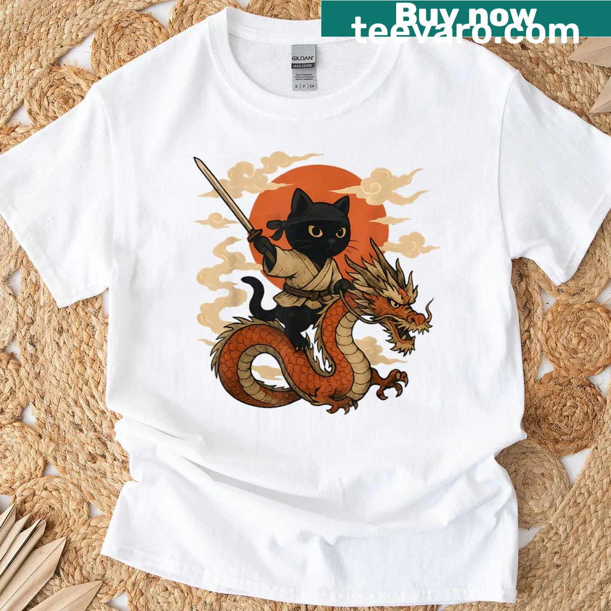Vintage-style T-shirt with a samurai cat and dragon in kawaii anime style — on a men's t-shirt