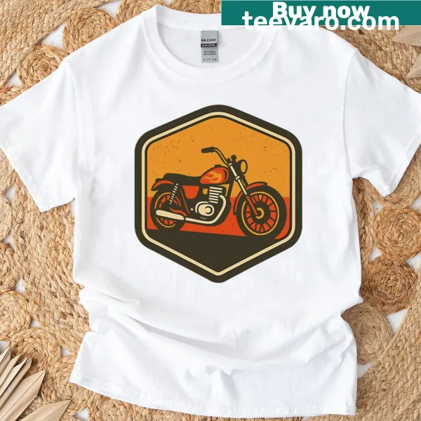 Vintage motorcycle badge t-shirt with flame tank design and retro emblem