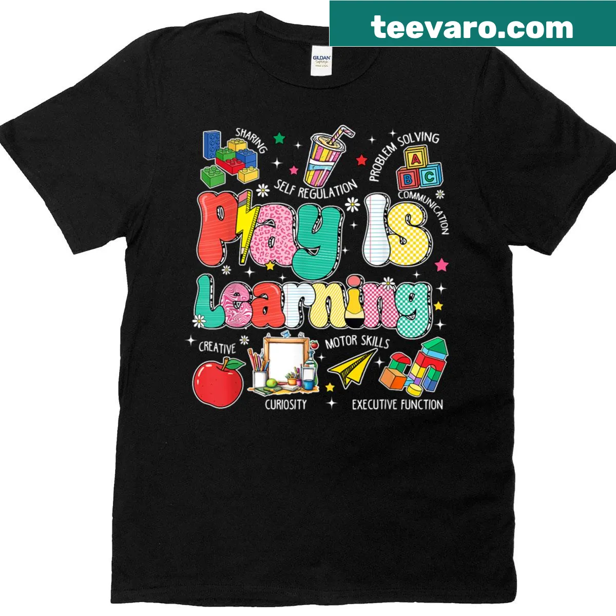 Vintage teacher t-shirt with playful design saying Play Is Learning — on a men's t-shirt