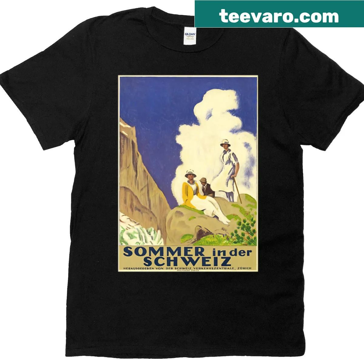 Vintage Switzerland summer poster T-shirt depicting alpine landscapes — on a men's t-shirt