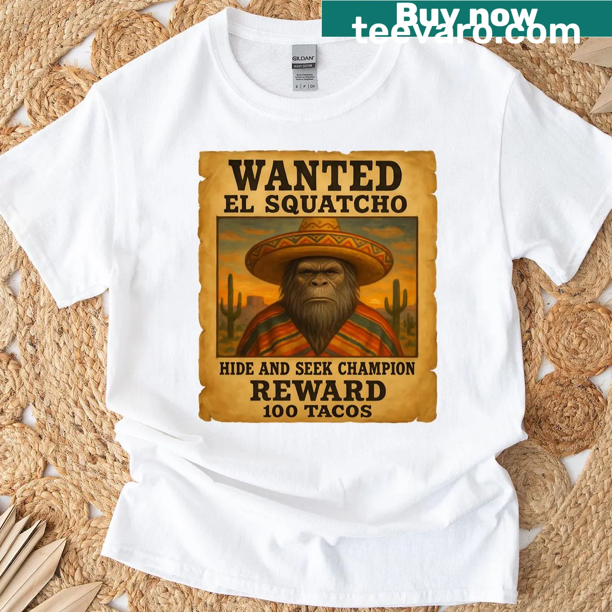 Whimsical Bigfoot-themed shirt with taco imagery and 'Wanted El Squatcho' text — on a men's t-shirt