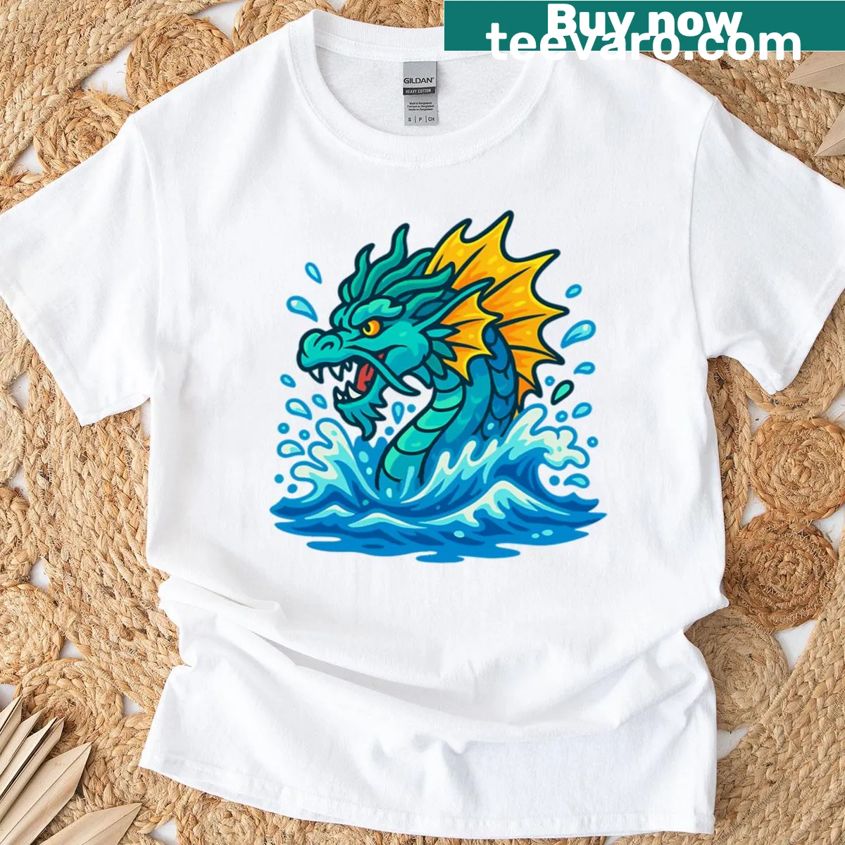Illustration of a water dragon bursting from ocean waves on T-shirt — on a men's t-shirt
