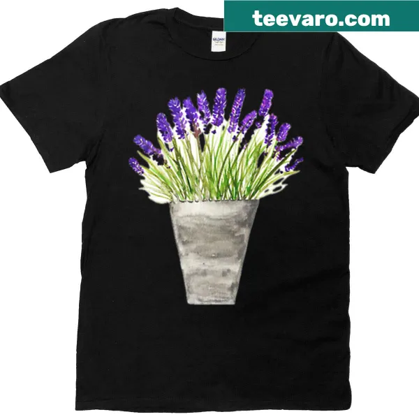 T-shirt featuring watercolor lavender flowers in a rustic pot
