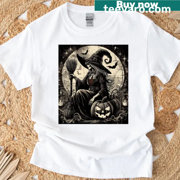 T-shirt featuring a whimsical white witch design for Halloween