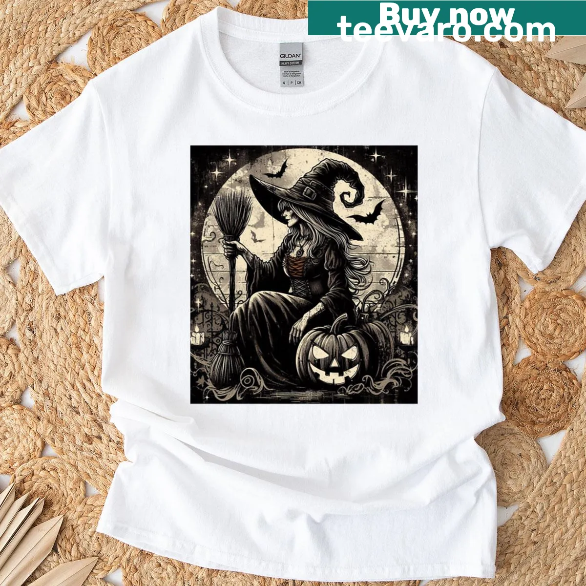 T-shirt featuring a whimsical white witch design for Halloween — on a men's t-shirt