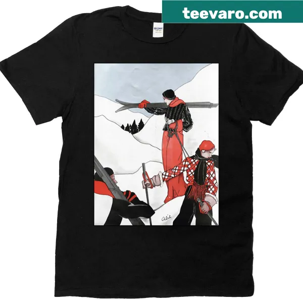 Vintage-style shirt depicting Art Deco skiing in Switzerland