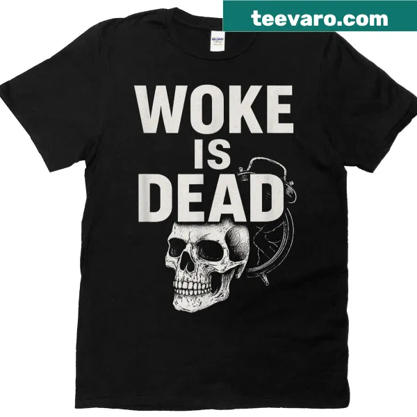 Vintage-style shirt featuring a broken clock and skull with the phrase Woke Is Dead