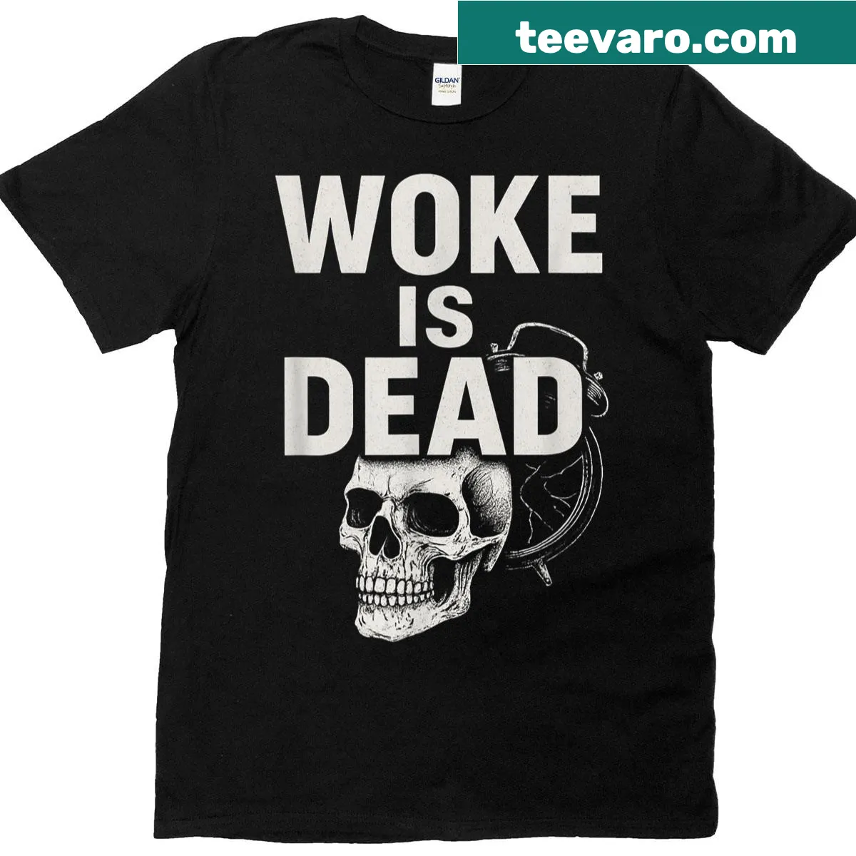 Vintage-style shirt featuring a broken clock and skull with the phrase Woke Is Dead — on a men's t-shirt
