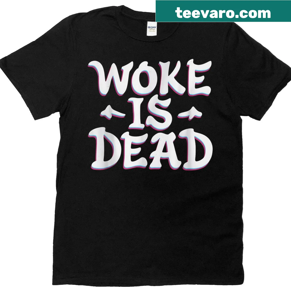 Funny T-shirt with sarcastic graphic saying 'Woke Is Dead' — on a men's t-shirt