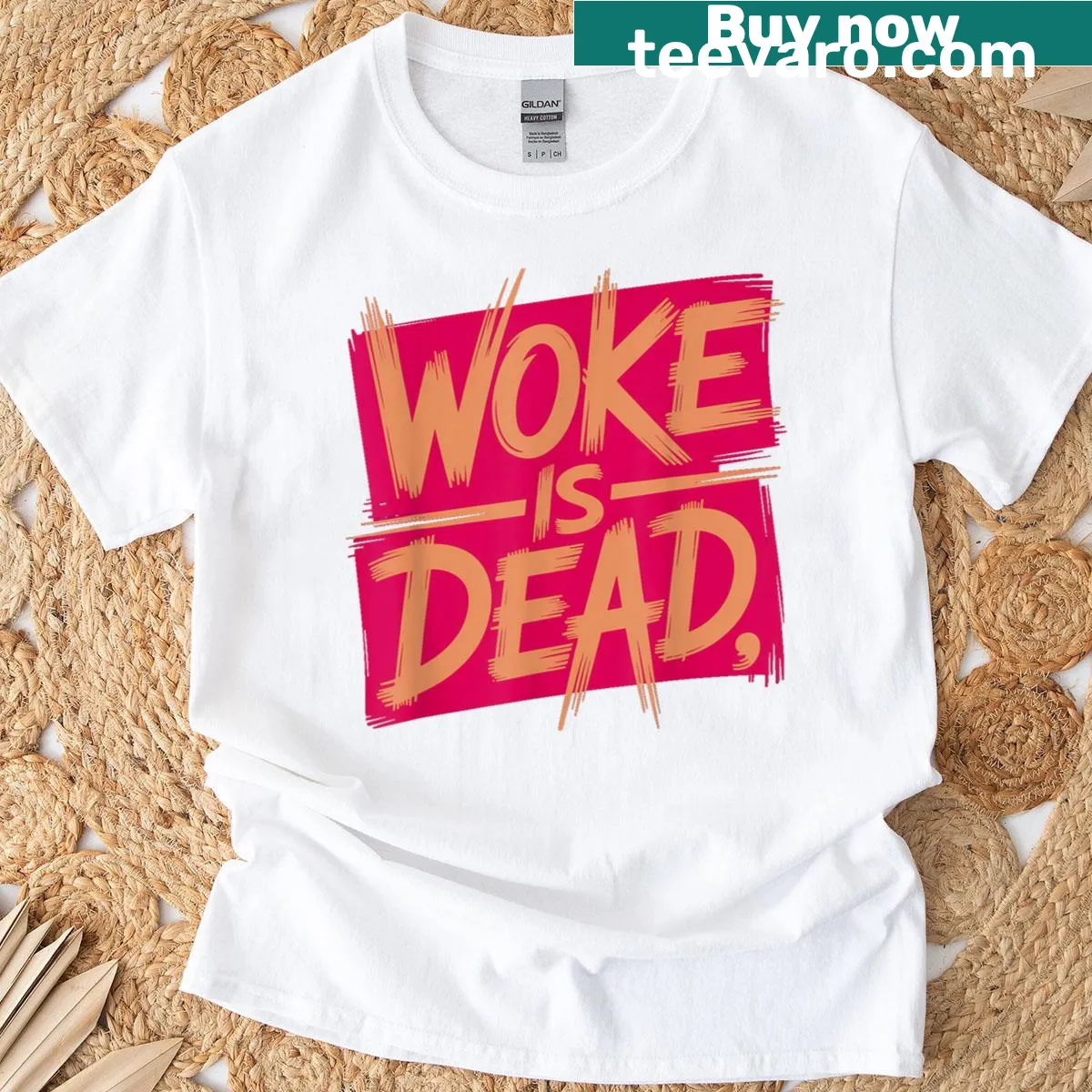 Retro T-shirt with sarcastic 'Woke Is Dead' slogan — on a men's t-shirt