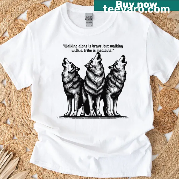 T-shirt featuring a dynamic illustration of a wolf pack