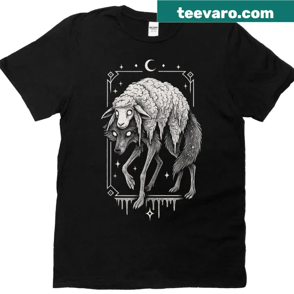 Graphic of a wolf among sheep, capturing a creepy folklore theme on a T-shirt