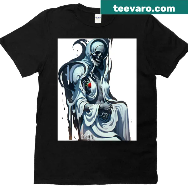 Artistic t-shirt featuring a woman skeleton in flowing sheets