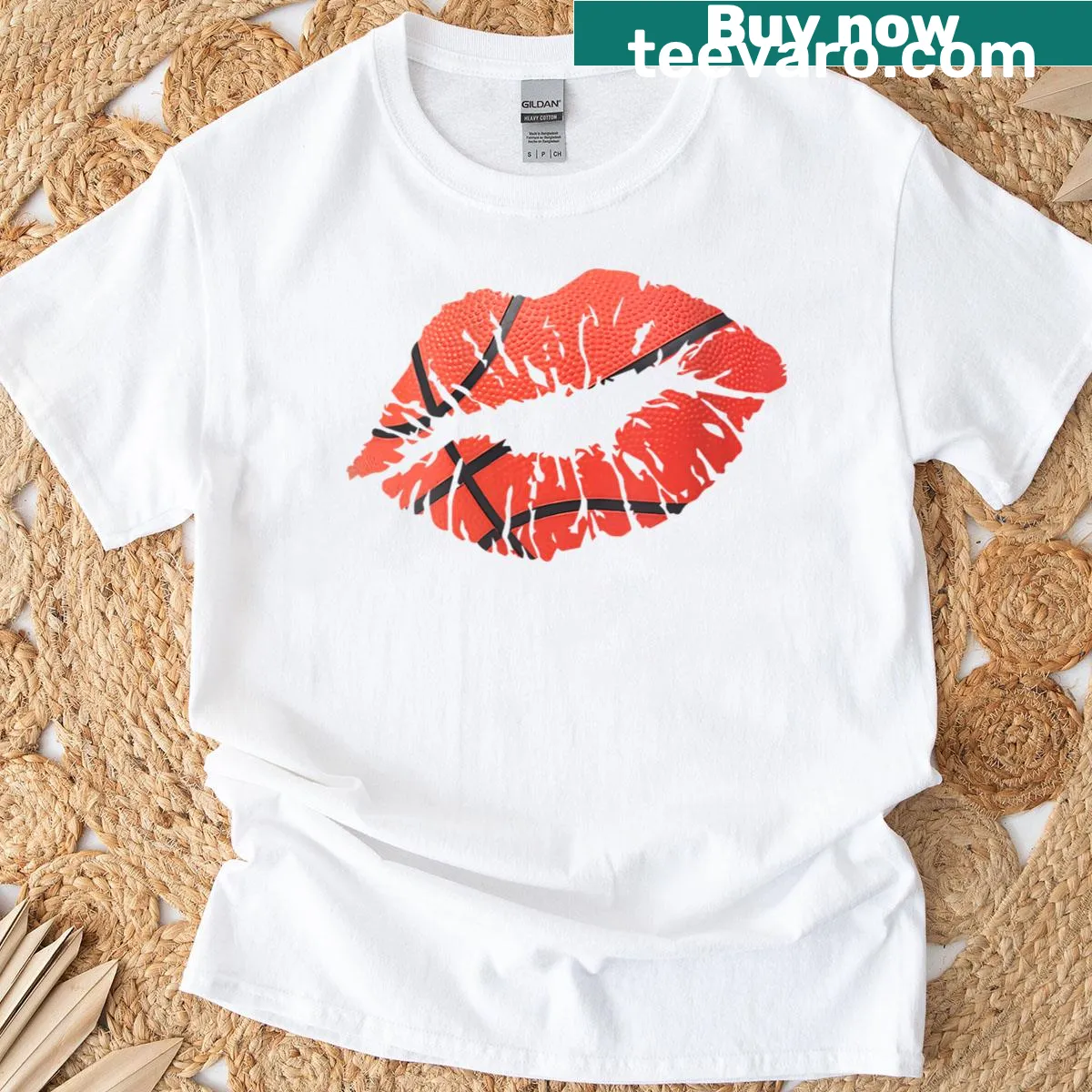 T-shirt with lipstick kiss lips design for female basketball fans — on a men's t-shirt