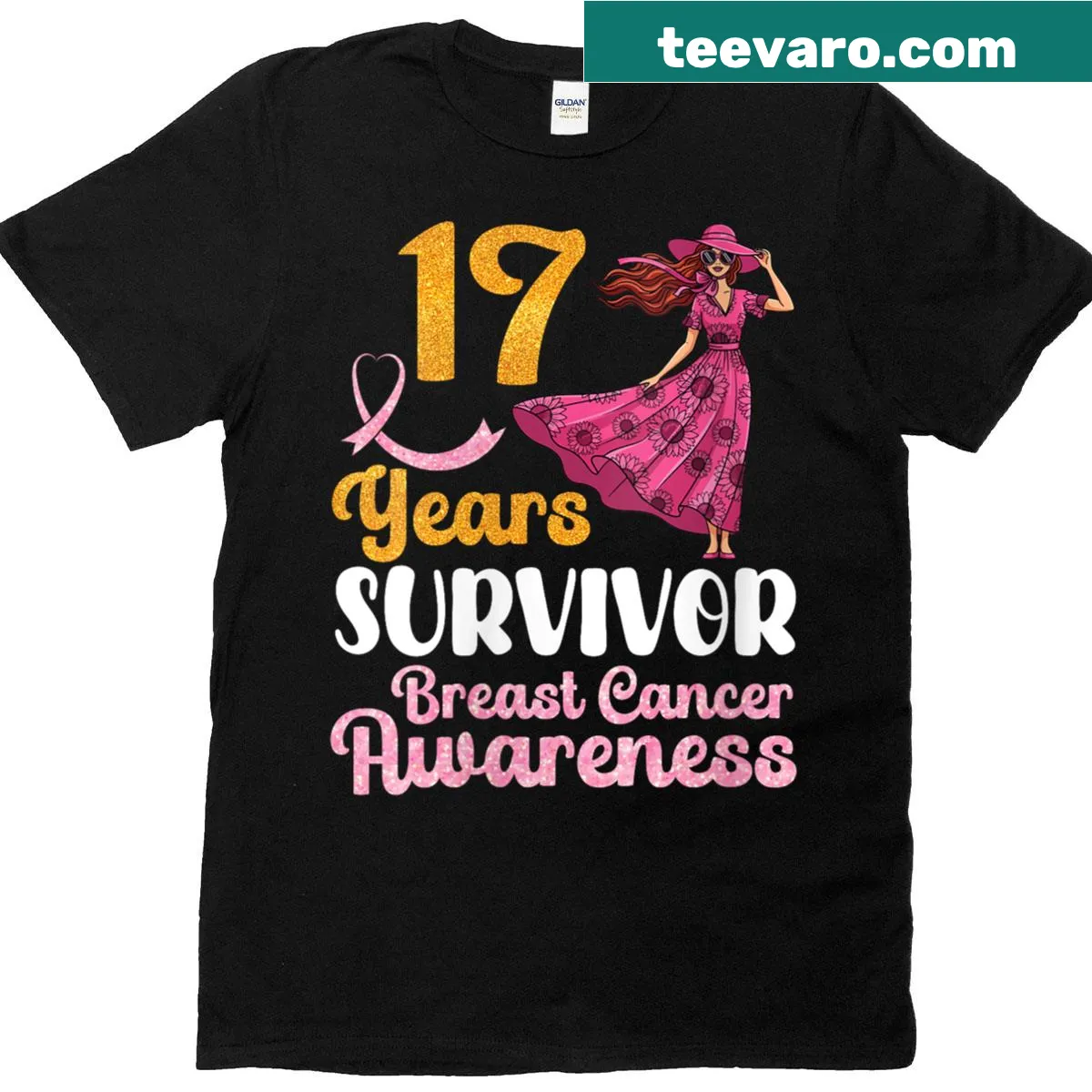 T-shirt honoring 17 years breast cancer survivor with empowering text — on a men's t-shirt