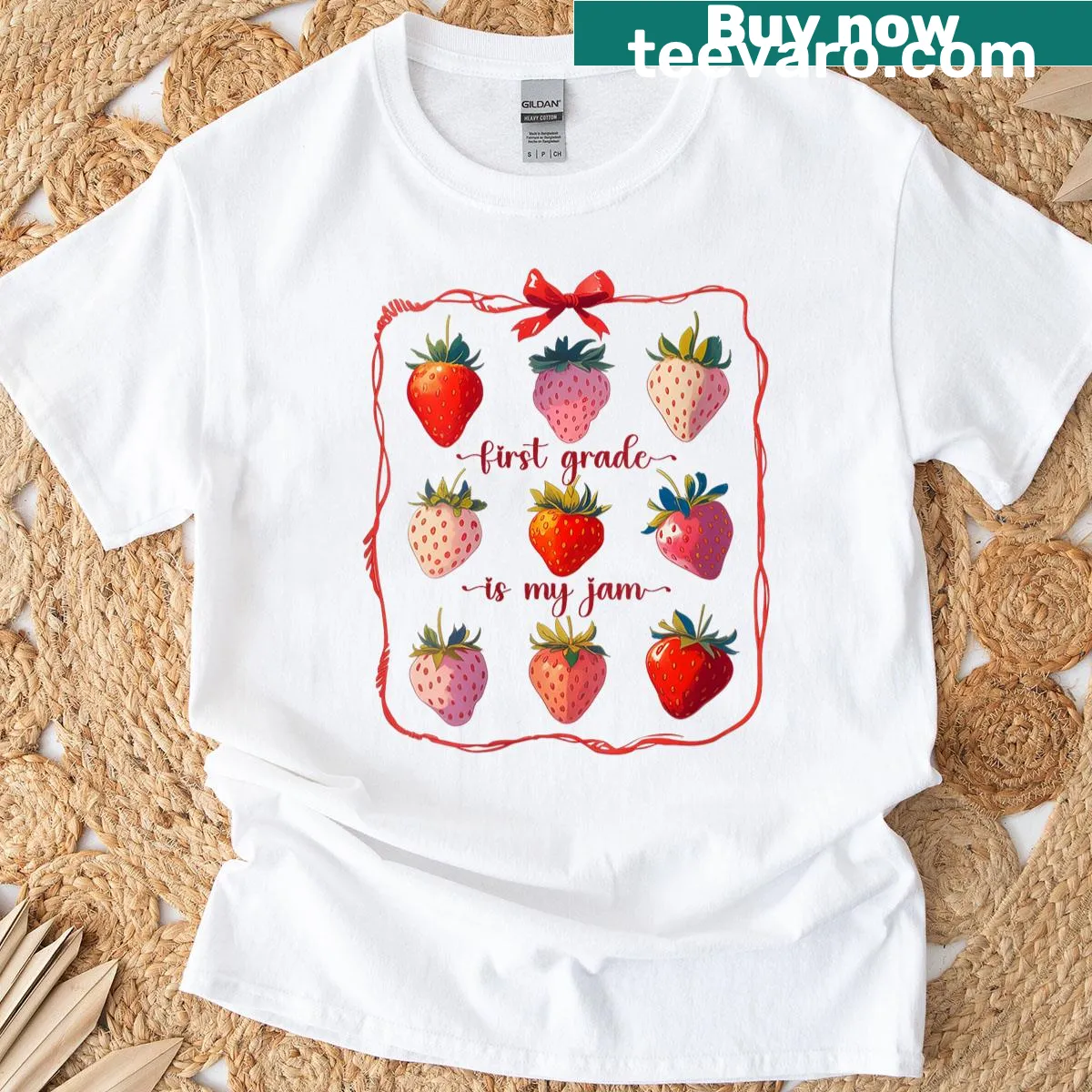 T-shirt with strawberry graphic and 'First Grade Is My Jam' text — on a men's t-shirt