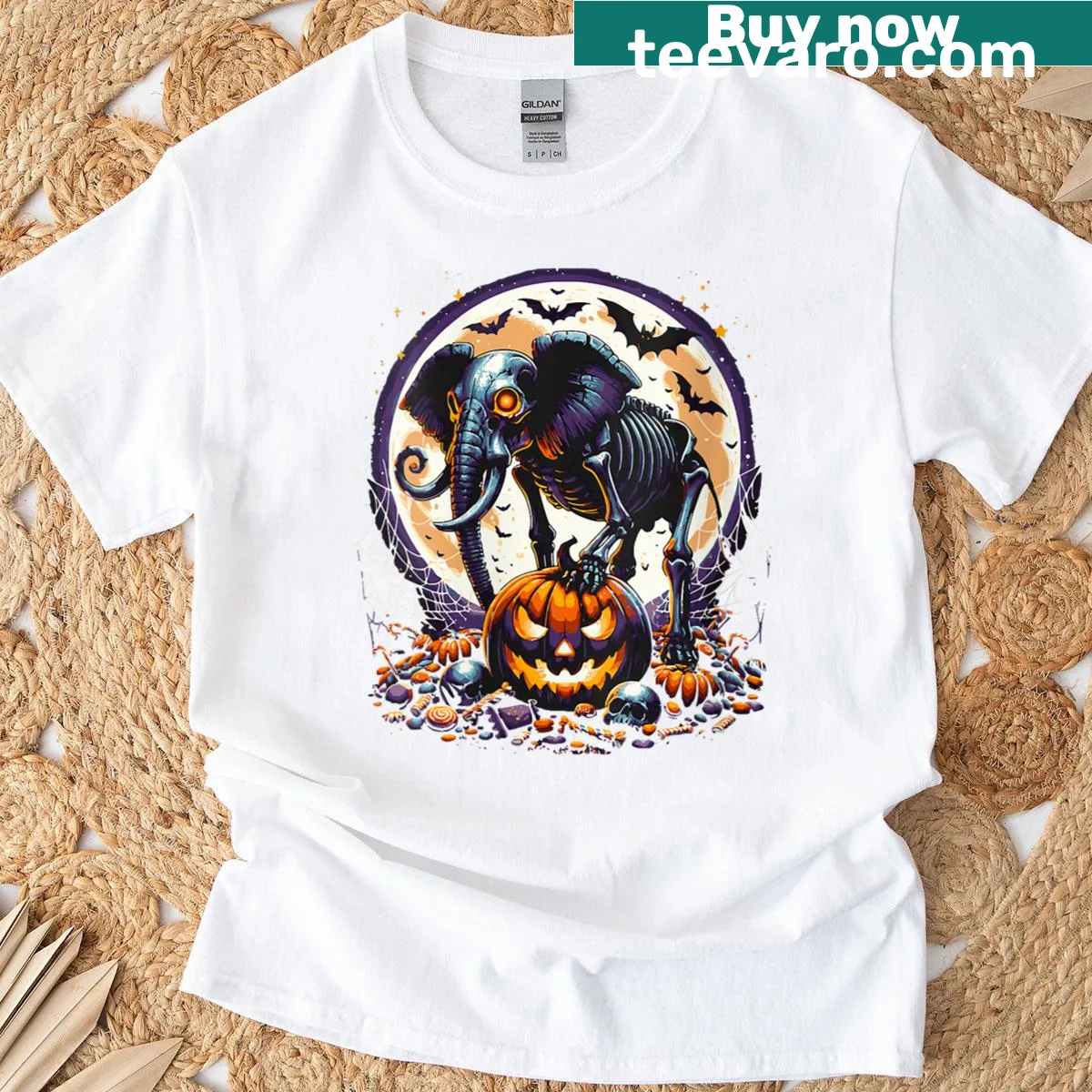 Halloween-themed t-shirt with elephant skull and skeleton design — on a men's t-shirt