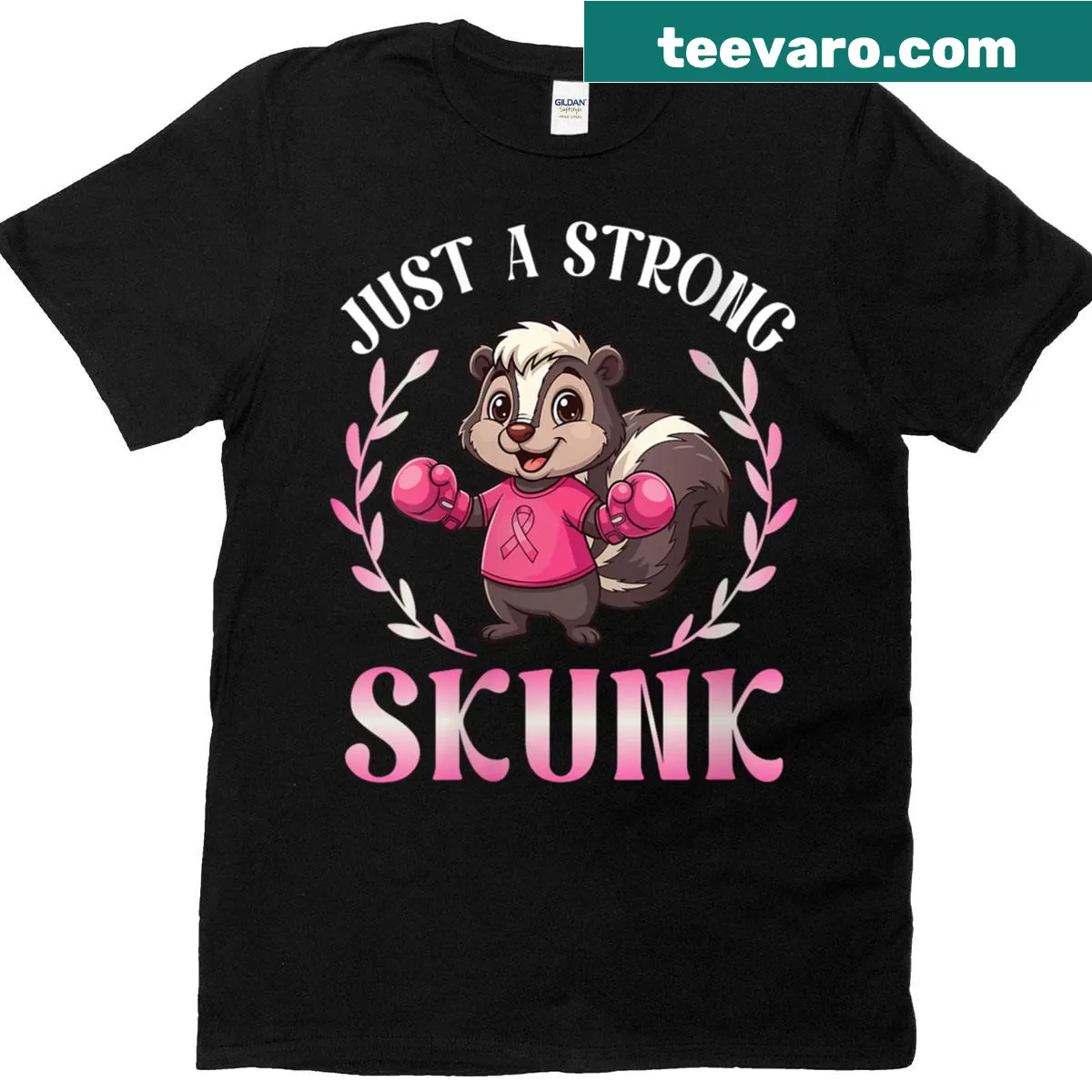 Boxing skunk illustration for breast cancer awareness T-shirt — on a men's t-shirt