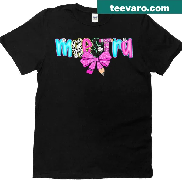 T-shirt with 'Maestra' text and illustrations for teachers