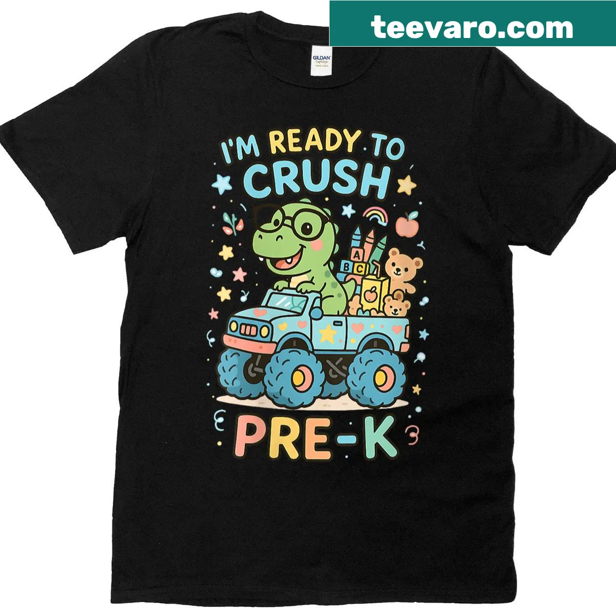 Playful dinosaur and monster truck graphic on a kids T-shirt — on a men's t-shirt