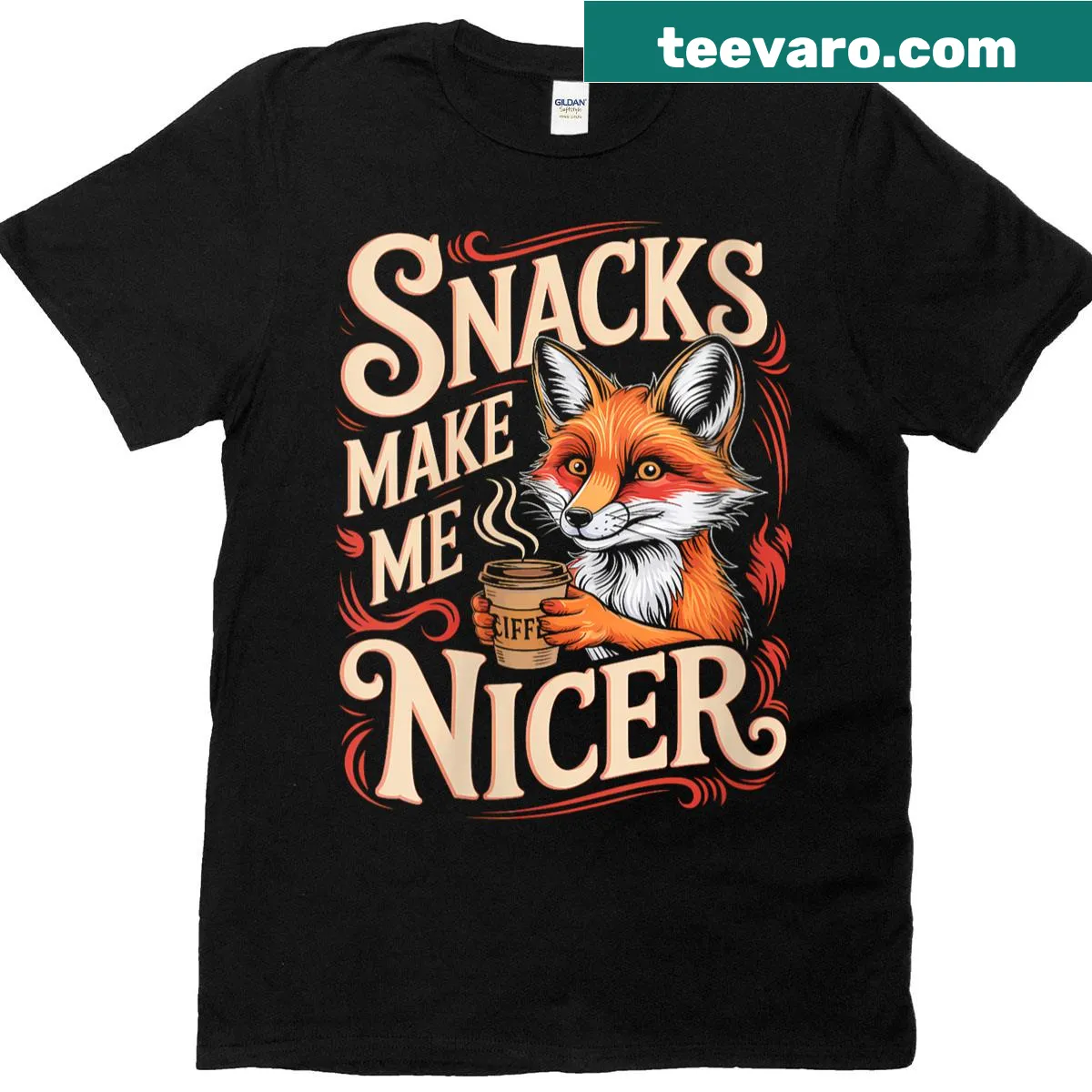 Funny t-shirt with a fox and 'Snacks Make Me Nicer' quote — on a men's t-shirt