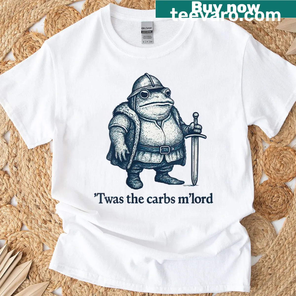 Humorous shirt featuring the phrase 'Twas The Carbs My Lord' for food lovers — on a men's t-shirt