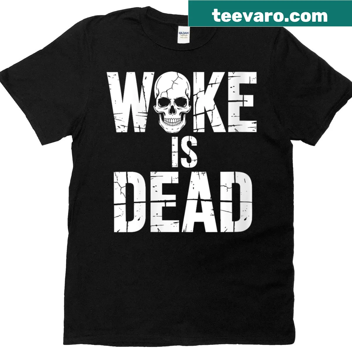 Skull graphic with 'Woke Is Dead' slogan on women's t-shirt — on a men's t-shirt