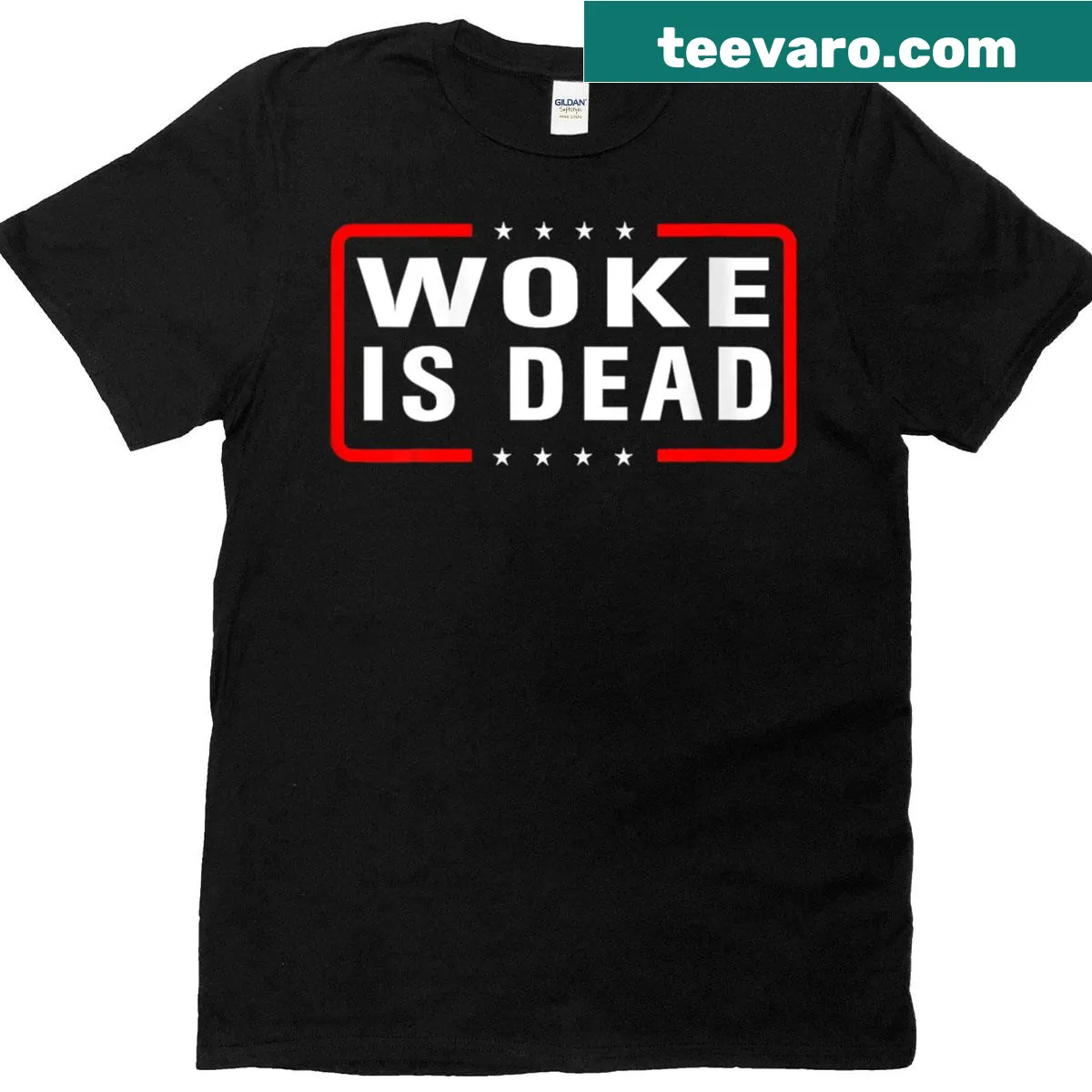 Bold text proclaiming 'Woke Is Dead' in a humorous style — on a men's t-shirt