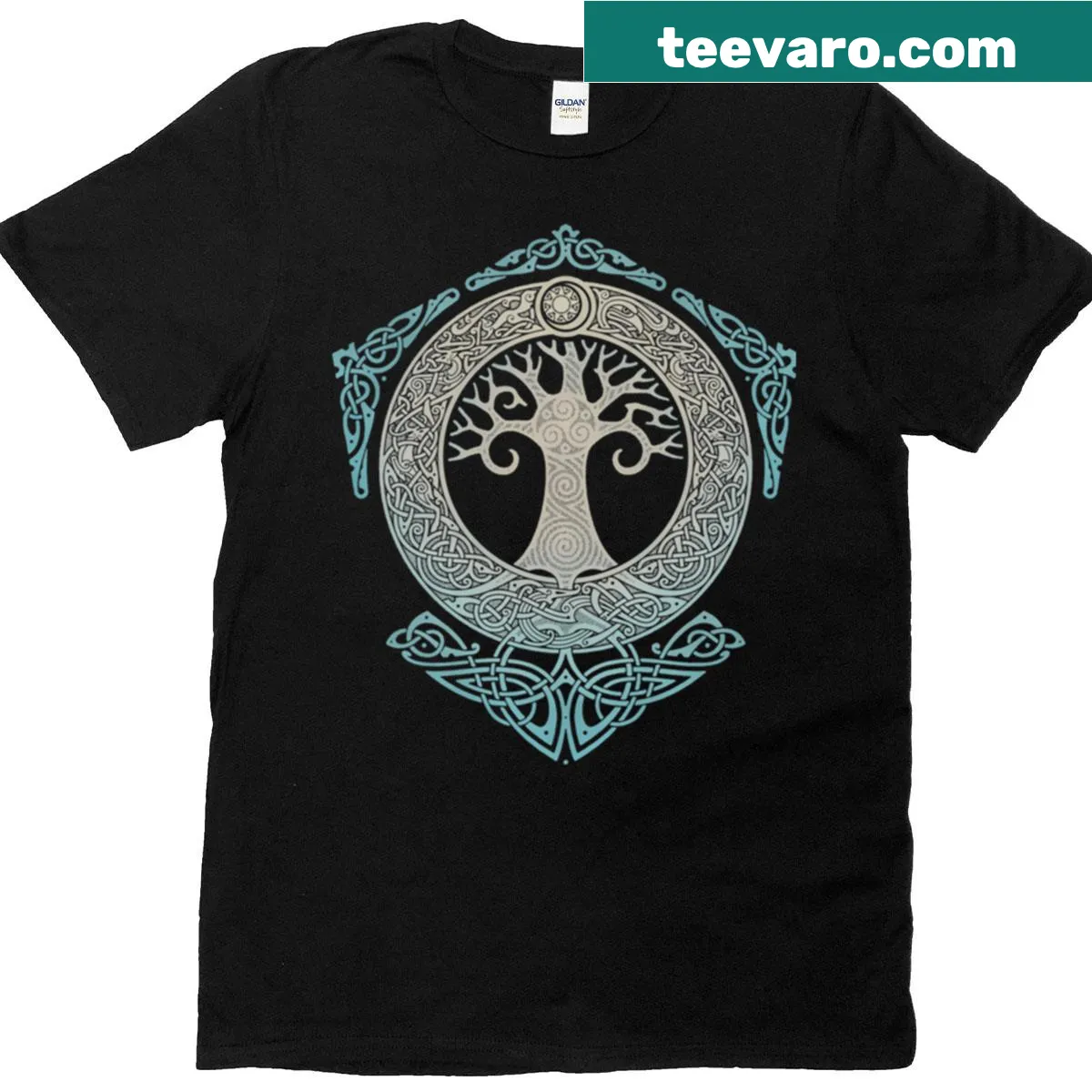 Intricate Yggdrasiltree design representing interconnectedness — on a men's t-shirt