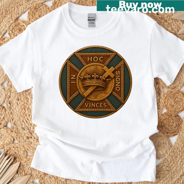 Templar Cross badge T-shirt with In Hoc Signo Vinces text