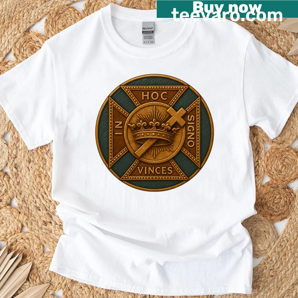 Templar Cross badge T-shirt with In Hoc Signo Vinces text — on a men's t-shirt